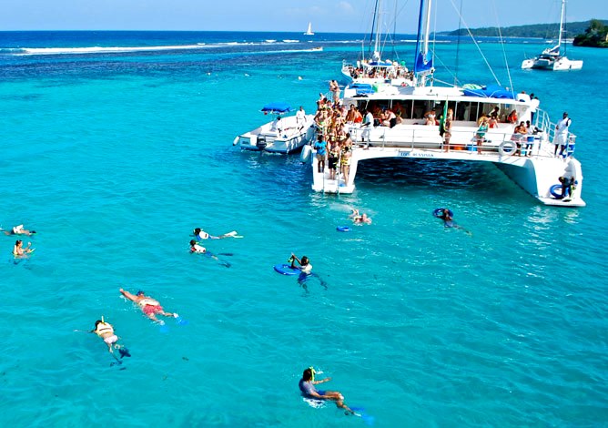 Catamaran cruising the coast of Montego Bay